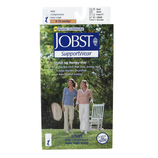 Jobst SupportWear SoSoft mild compression knee-high socks in sand, small size, 8-15mmHg, for improved leg support and comfort.