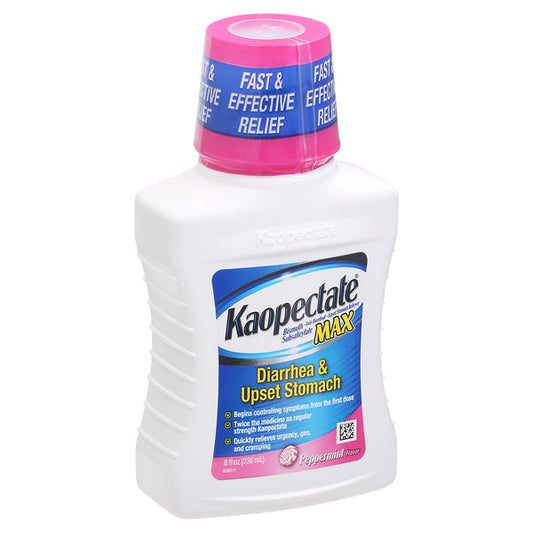 Kaopectate Max peppermint flavor diarrhea and upset stomach relief in 8 fl oz bottle, personal care product by Pasteur Pharmacy
