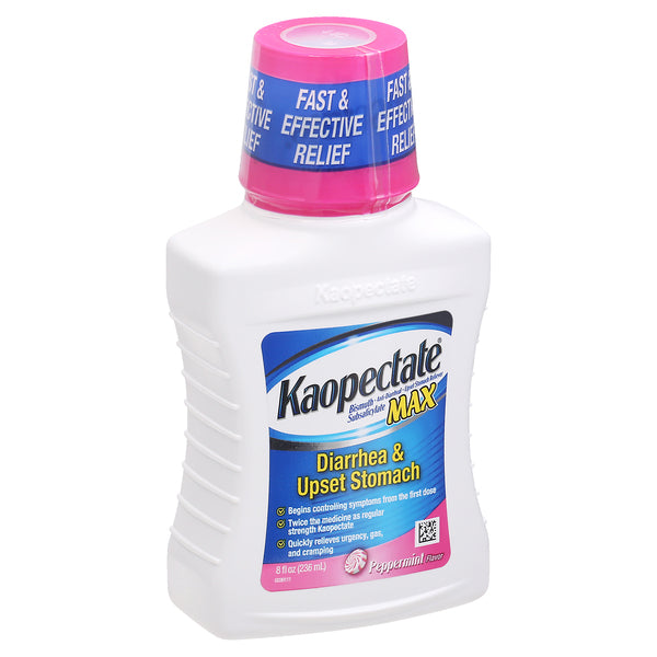 Kaopectate Max peppermint flavor liquid for upset stomach and diarrhea in an 8 fl oz bottle, personal care product.