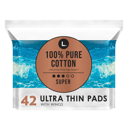 L. Chlorine-free ultra-thin pads with super absorbency made from organic cotton, designed for comfortable personal care.