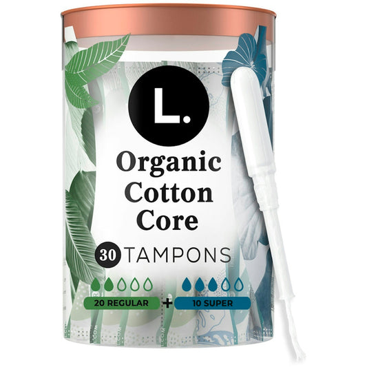 Organic cotton tampons from Pasteur Pharmacy, regular and super absorbency, 30-pack for personal care use.