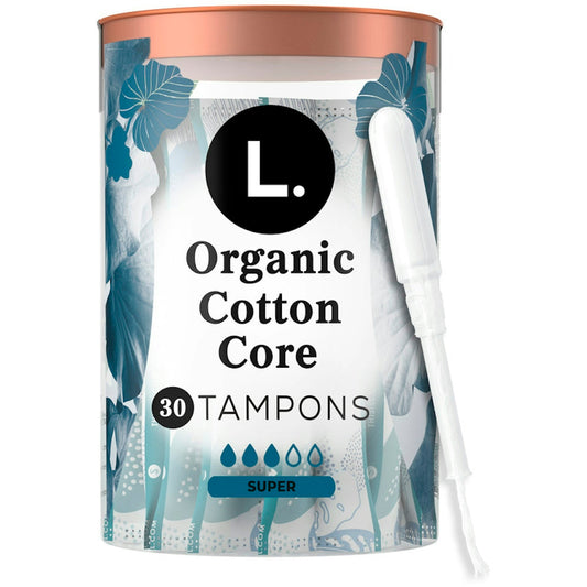 Organic cotton tampons by Pasteur Pharmacy, super absorbency, 30 count, personal care product for feminine hygiene.
