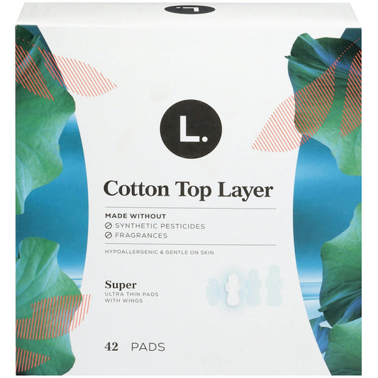 Organic cotton top layer pads by Pasteur Pharmacy, super absorbent with wings, 42 count, in a personal care product image.