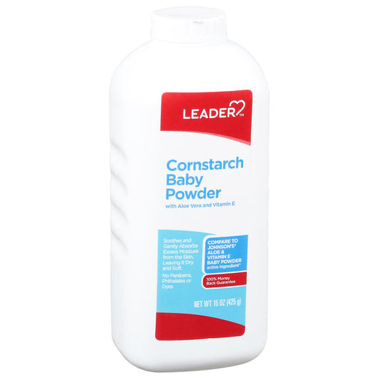 Leader™ Cornstarch Baby Powder by Pasteur Pharmacy, 15 oz, a light, smooth powder for gentle skin care and moisture absorption.