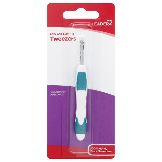 Leader Easy Grip Slant Tip Tweezers for personal care, with ergonomic handle and precise slant tip for grooming tasks.
