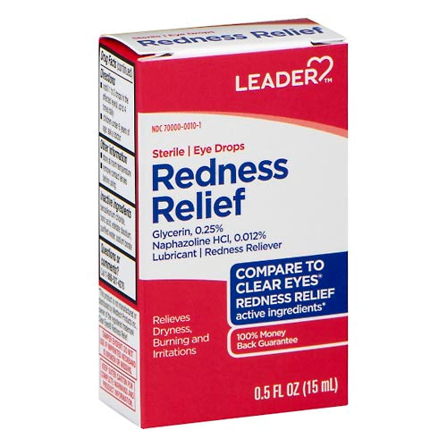 Redness Relief Eye Drops by Pasteur Pharmacy, 0.5 oz bottle, shown with clear eye drop container and packaging.