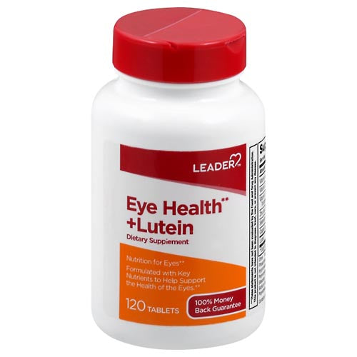 Leader Eye Health Plus Lutein Tablets, 120 count, in blister pack, designed to support eye health and vision clarity.