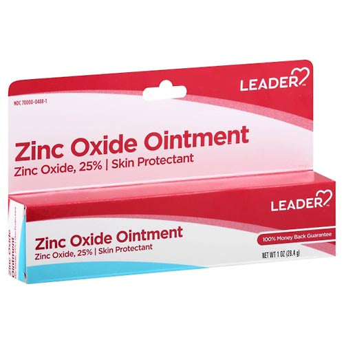 Leader Zinc Oxide 25% skin protectant ointment in 1 oz tube, used for skin irritation and diaper rash relief.