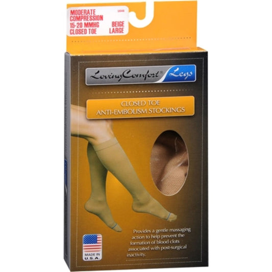 Loving Comfort anti-embolism knee-high stockings for women, closed toe, beige, 15-20 mmHg compression, large size.