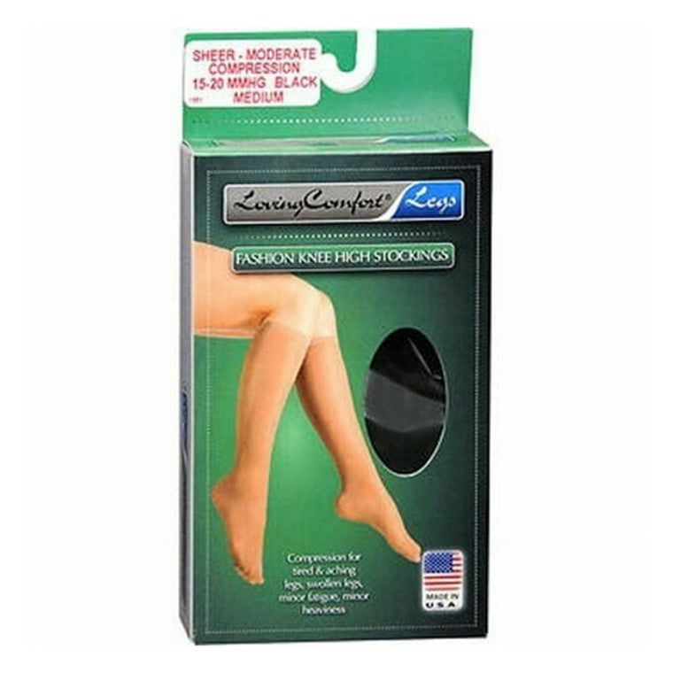 Black Loving Comfort Fashion knee-high stockings with sheer moderate compression, designed for personal care and comfort.