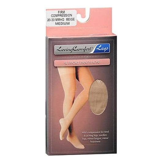 Loving Comfort® beige medium compression stockings by Pasteur Pharmacy, 20-30 mmHg, designed for leg support and circulation.