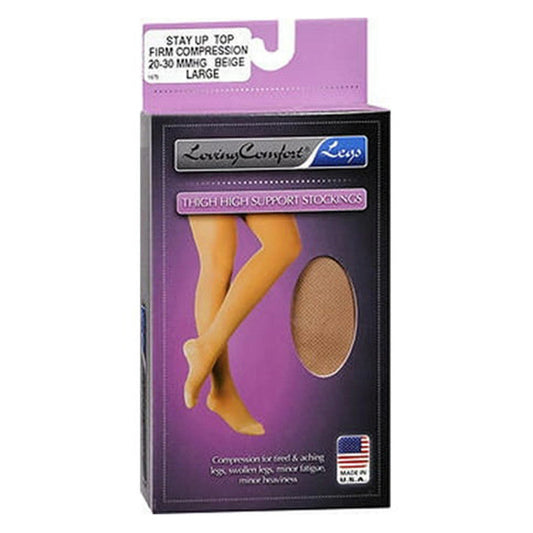 Loving Comfort Legs thigh-high support stockings by Pasteur Pharmacy, beige, firm compression, large size, 1 pair.