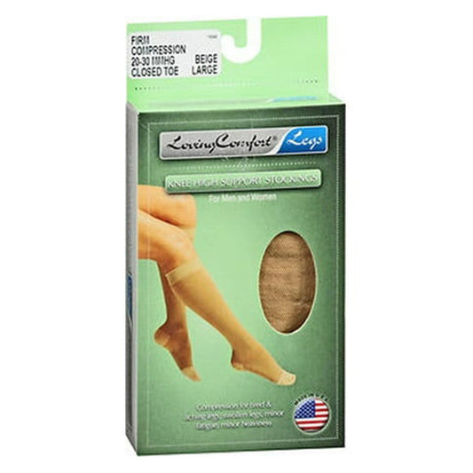 Loving Comfort beige sheer knee-high compression stockings with closed toes for women, 20-30mmHg, large size, by Pasteur Pharmacy.