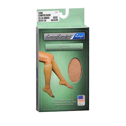 Loving Comfort surgical weight knee-high open toe compression stockings for women, 20-30mmHg, beige, medium size, personal care.