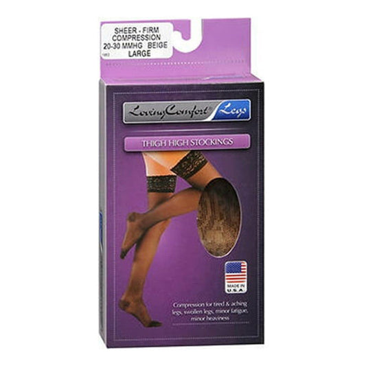 Loving Comfort® beige thigh high compression stockings, 20-30 mmHg, large size, designed for personal care and leg support.