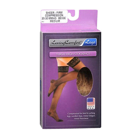 Beige Loving Comfort thigh-high compression stockings by Pasteur Pharmacy, medium size, designed for firm support and personal care.