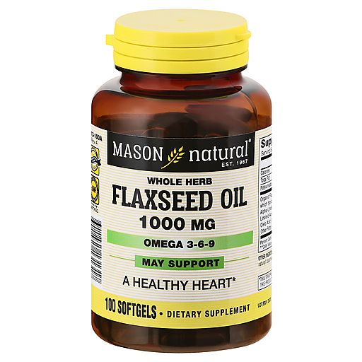 Mason Natural flaxseed oil softgels, 1000 mg, plant-based omega support, in clear softgel capsules on white background.