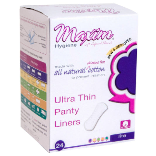 Box of Maxim Hygiene Products Natural Cotton Ultra Thin Pantiliners by Pasteur Pharmacy, with 24 individual pantiliners inside.