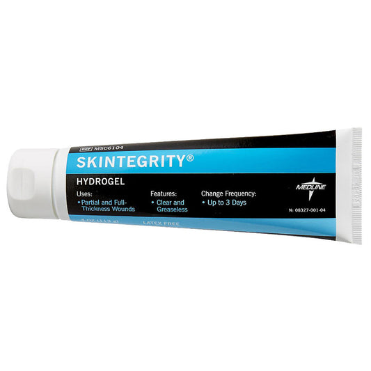 Medline Skintegrity Hydrogel for personal care, featuring a clear gel consistency in a healthcare setting.