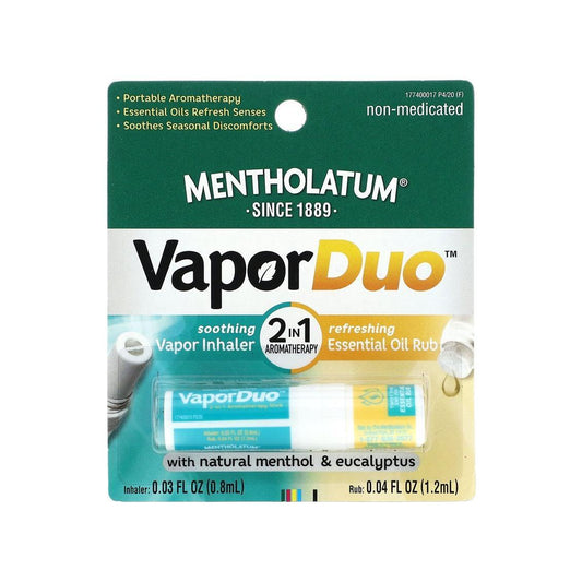 Mentholatum Vapor Inhaler and Eucalyptus Essential Oil Rub in a personal care container, designed for soothing aromatherapy.