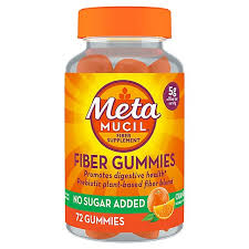Metamucil™ Fiber Gummies in mini bottle for digestive support, featuring orange-flavored gummy supplements in a clear bottle.