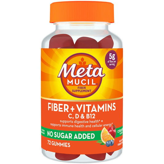 Metamucil fiber supplement gummies in citrus berry flavor, showing a bottle and gummies on a white background.