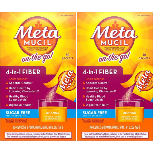 Orange Metamucil Psyllium Fiber supplement powder packets by Pasteur Pharmacy, 4-in-1 fiber for digestive health.