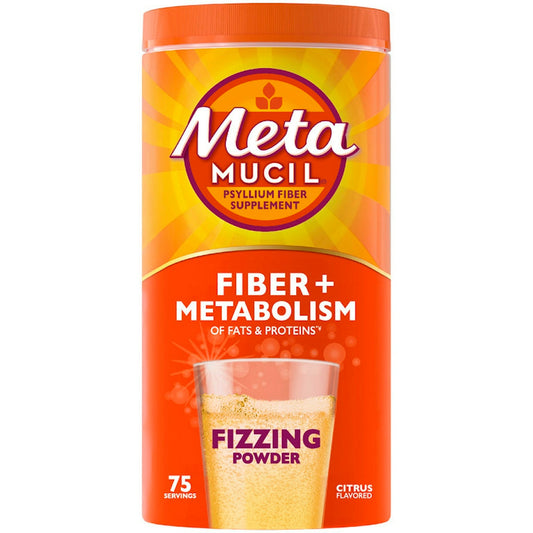 Citrus flavored Metamucil Psyllium Fiber Supplement 24.9 oz in a jar, natural personal care product for digestive health.