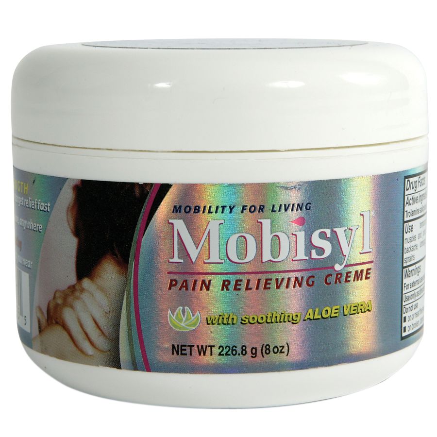 Mobisyl Pain Relieving Creme by Pasteur Pharmacy, 8 oz jar of maximum strength topical pain relief cream.