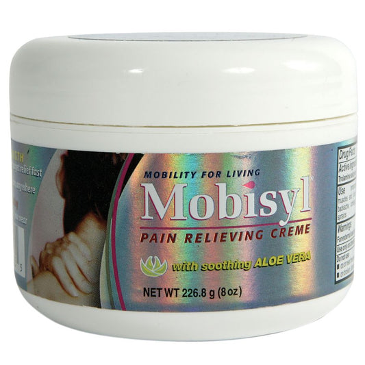 Mobisyl Pain Relieving Creme by Pasteur Pharmacy, 8 oz jar of maximum strength topical pain relief cream.