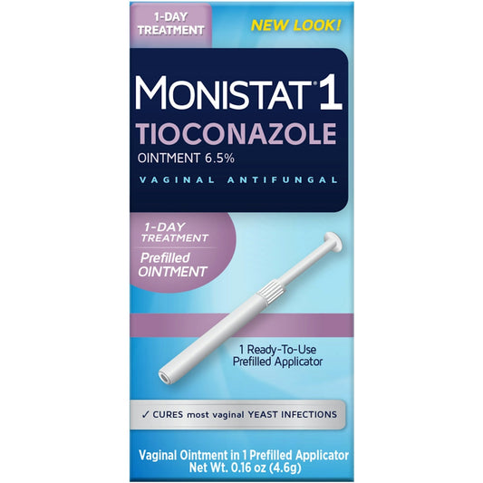 Monistat 1-Day Vaginal Antifungal prefilled ointment applicator for personal care, with packaging and applicator visible.
