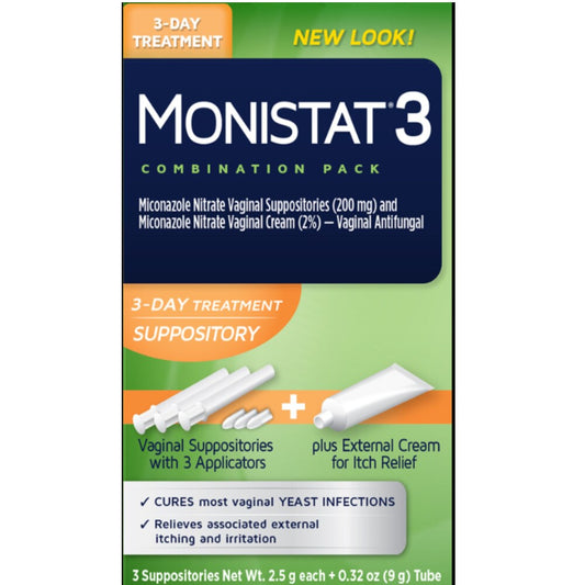 Monistat 3 Day Treatment suppositories with applicators and itch relief cream for personal care, 3 count, by Pasteur Pharmacy.