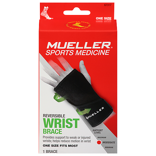 Mueller Moderate Reversible Wrist Brace in gray and black, designed for wrist support and stability.