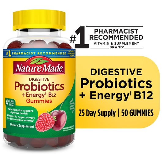 Nature Made Probiotics + Energy B12 Raspberry Cherry Gummies, 50 count, in a clear bottle with colorful fruit-flavored gummies.