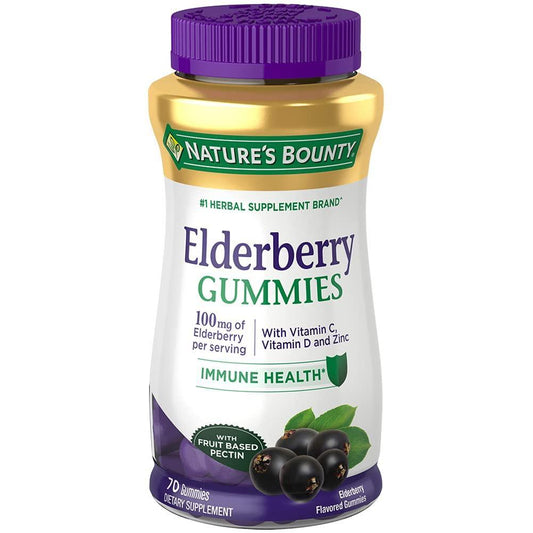 Nature's Bounty Elderberry Gummies with 100 mg of elderberry, 70 gummies for immune support, shown in a clear close-up image
