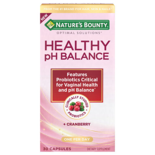 Nature's Bounty Healthy pH Balance capsules in a bottle, part of personal care by Pasteur Pharmacy, designed to support pH balance.