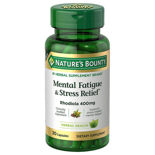 Nature's Bounty Rhodiola 400 Mg capsules for mental fatigue and stress relief, shown in a bottle with 30 capsules.