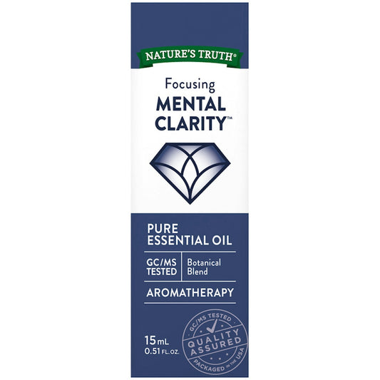 Nature's Truth Focusing Mental Clarity Pure Essential Oil 15ml in a glass bottle with a white label, designed for personal care.