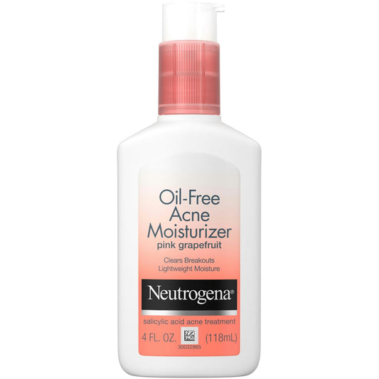 Neutrogena Oil-Free Acne Facial Moisturizer with Salicylic Acid and Pink Grapefruit, 4 oz, personal care product.