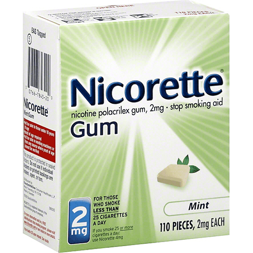 Nicorette Stop Smoking Aid 2 mg mint gum in a package for smoking cessation from Pasteur Pharmacy.