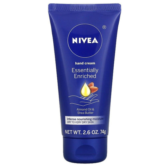 Nivea Essentially Enriched Hand Cream with almond oil and shea butter, 2.6 oz, in a tube, for nourishing hand care.