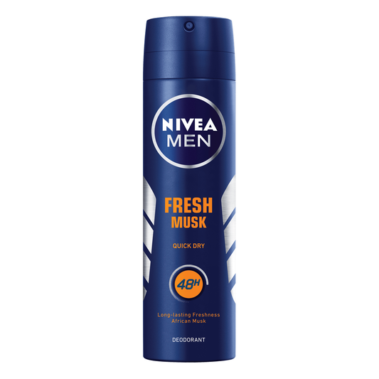 Nivea Fresh Musk 48 Hour Deodorant Spray for Men in 150ml bottle, personal care product with fresh musk scent