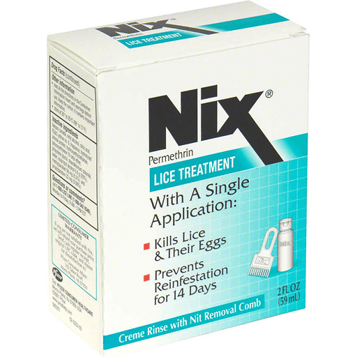 Nix Creme Rinse lice treatment with nit removal comb in a personal care product image, featuring the bottle and comb.
