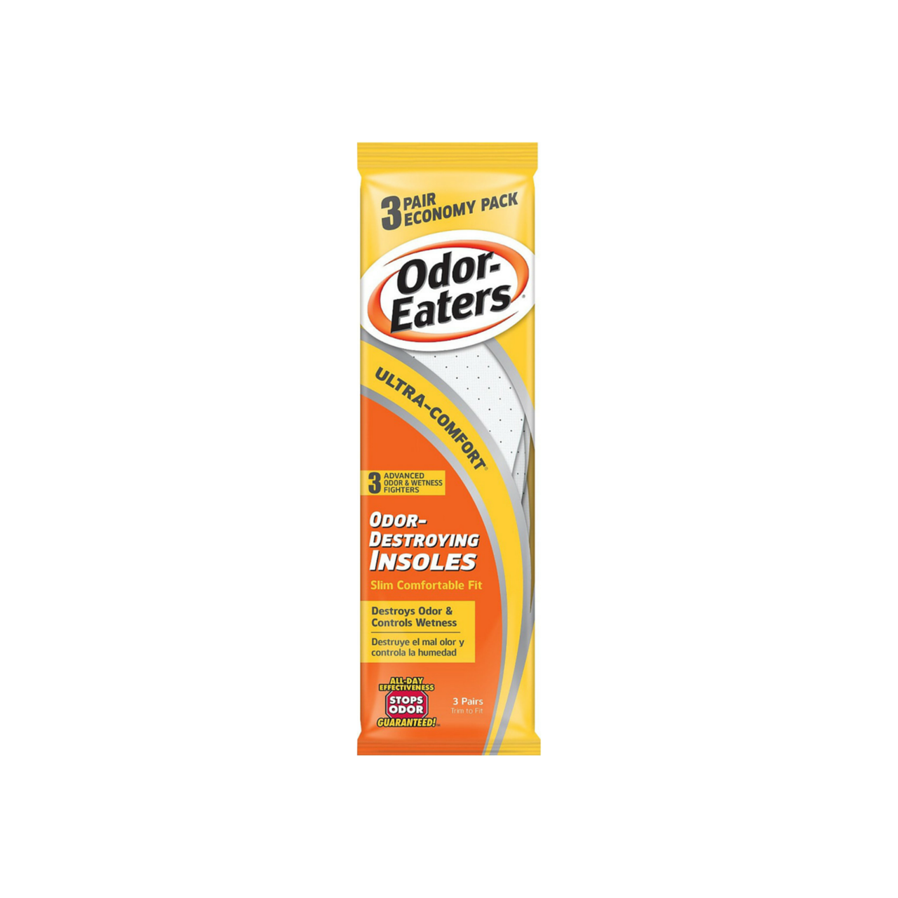 Odor-Eaters Destroying Insoles in expanded fit, personal care product by Pasteur Pharmacy, showing insoles with trimming guide.
