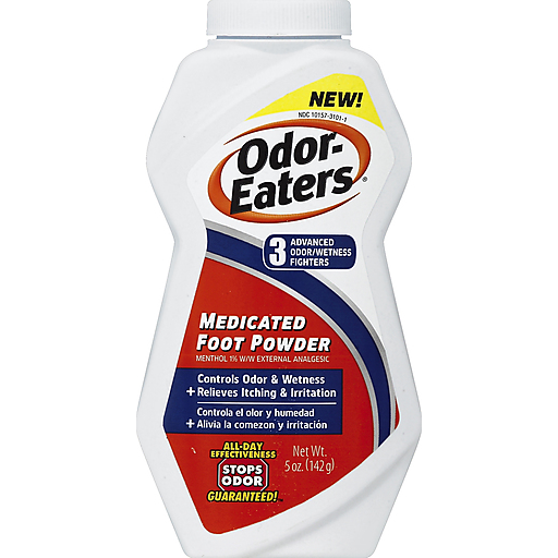 Medicated Odor-Eaters foot powder in 5 oz container, providing freshening and odor control for personal care.