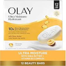 Olay Ultra Moisture Beauty Bars with Shea Butter, personal care soap bars, displayed in various pack sizes with packaging.