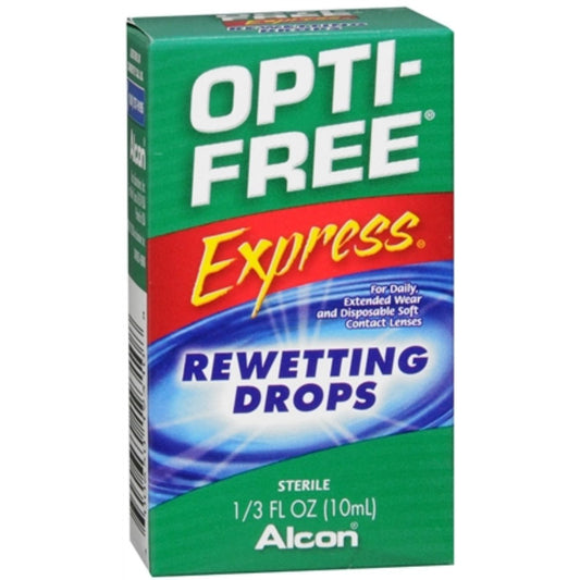 Opti Free Express Rewetting Drops in a bottle, designed for contact lens comfort and hydration by Pasteur Pharmacy.