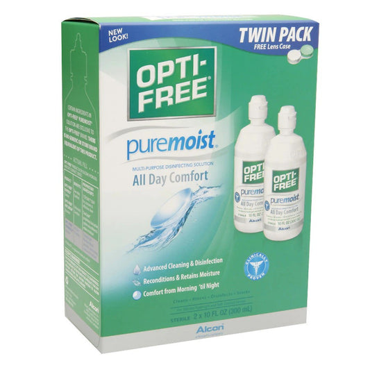 Opti-Free Multi-Purpose Disinfection Solution Puremoist Twin Pack for contact lens care, by Pasteur Pharmacy.