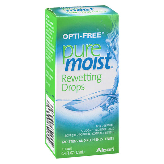 Opti-Free Pure Moist rewetting drops in a 12ml bottle, designed for contact lens comfort and eye hydration, by Pasteur Pharmacy.
