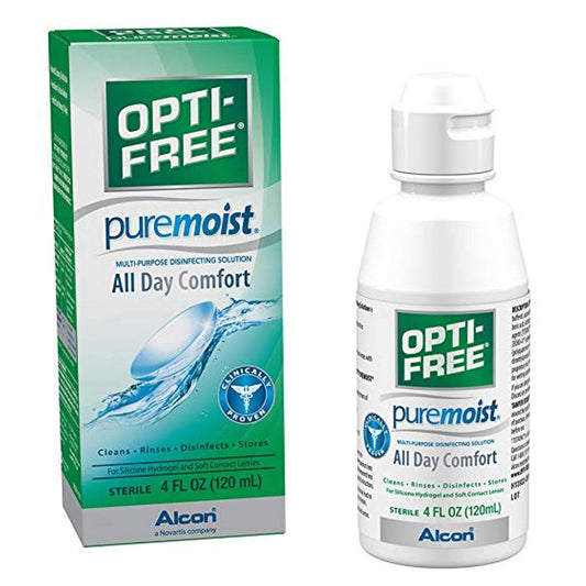 Opti-Free Puremoist Multi-Purpose Disinfecting Solution by Pasteur Pharmacy in 4 Fl Oz bottle, includes HydraGlyde for lens care.